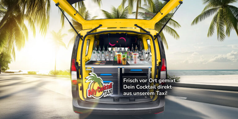 Mobiles Cocktail-Taxi mit offener Bar am Strand – Frisch gemixte Cocktails für Events und Catering.